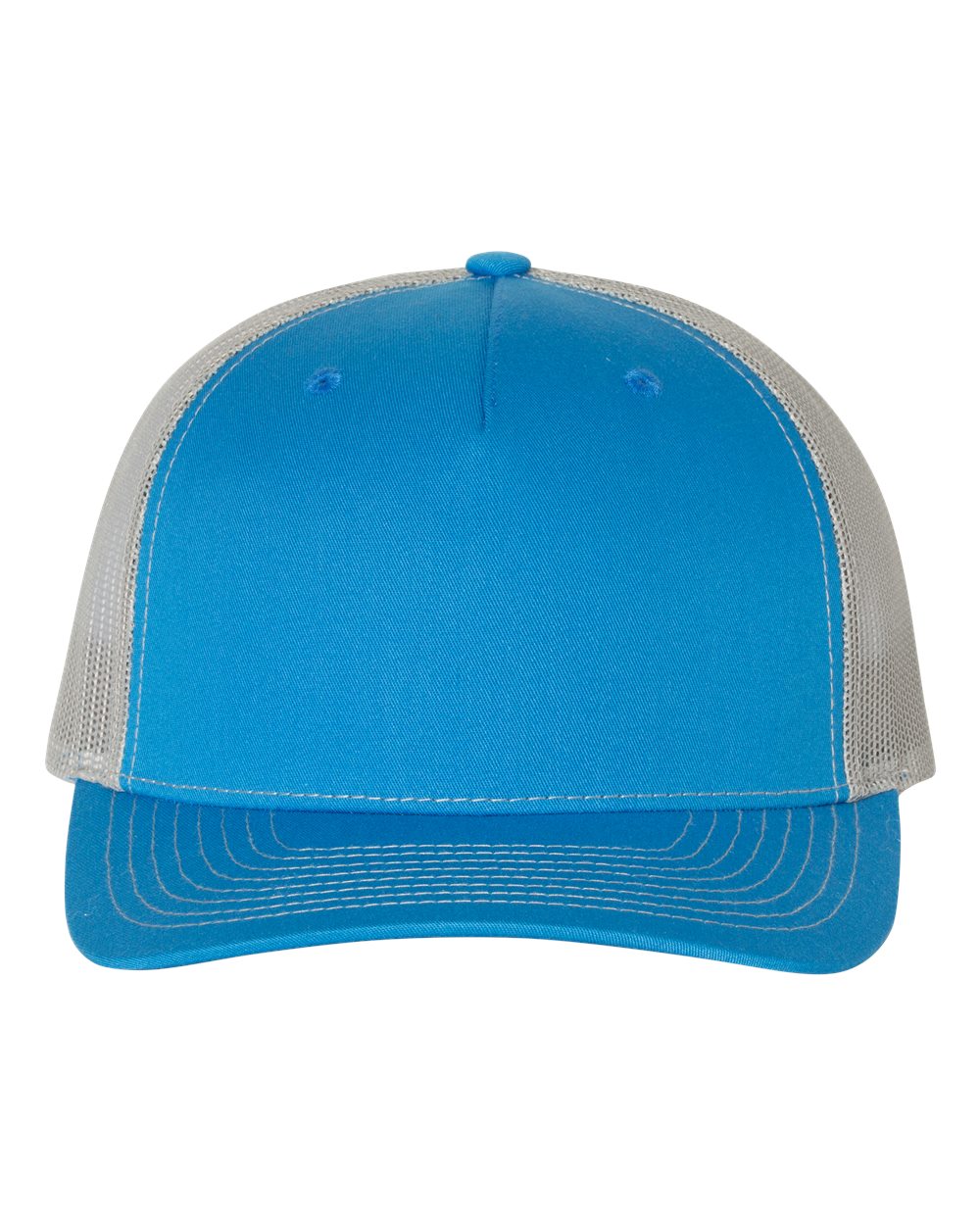 Front View of Cobalt Blue/ Grey Five-Panel Trucker Cap - 112FP