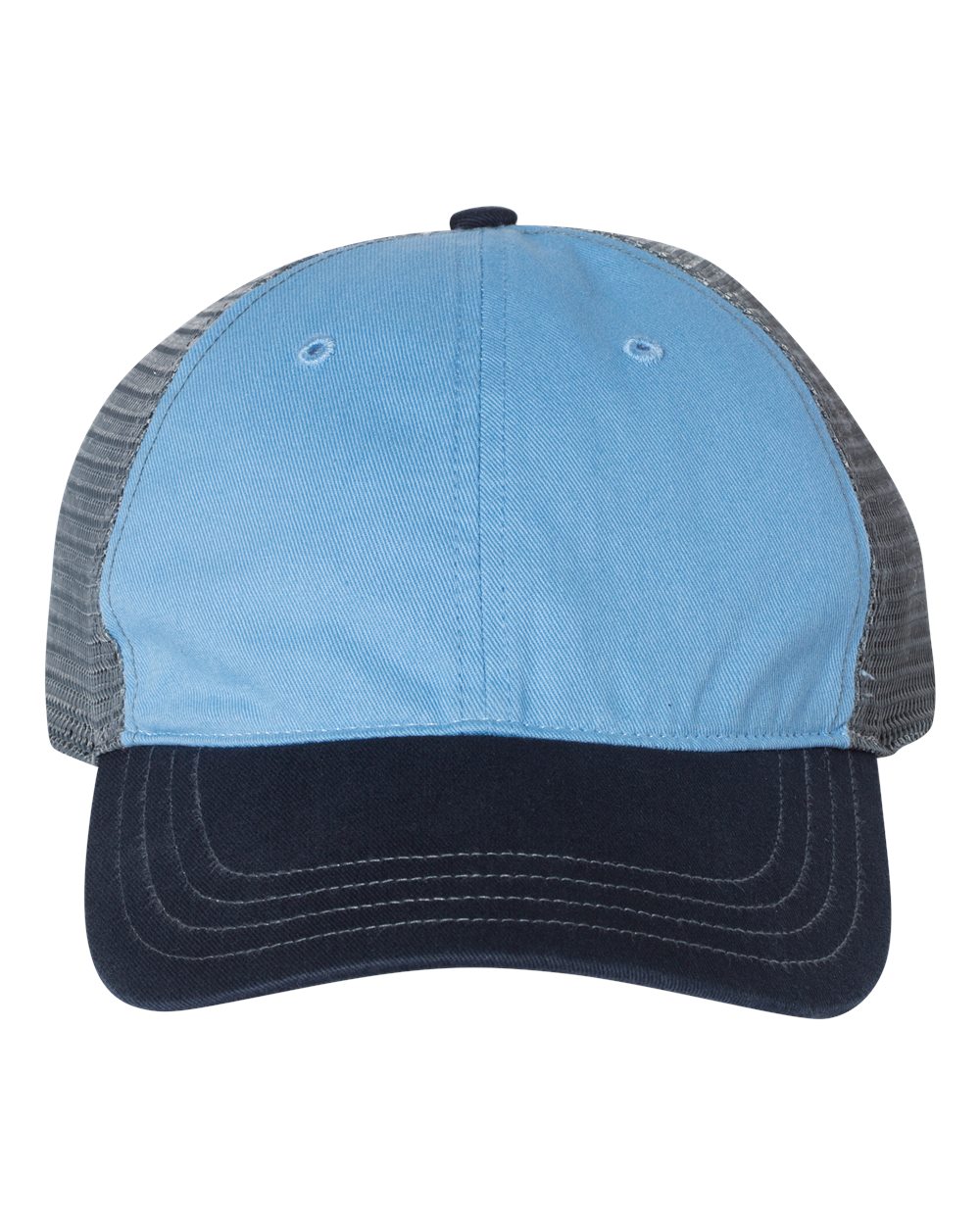 Front View of Columbia Blue/ Charcoal/ Navy Garment-Washed Trucker Cap - 111