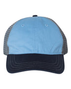 Front View of Columbia Blue/ Charcoal/ Navy Garment-Washed Trucker Cap - 111