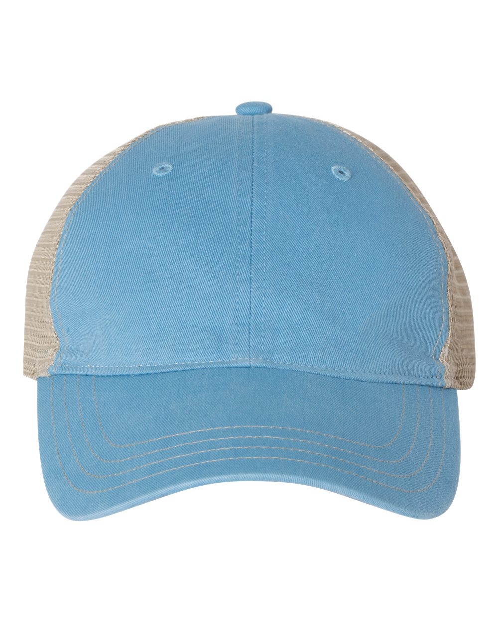 Front View of Columbia Blue/ Khaki Garment-Washed Trucker Cap - 111