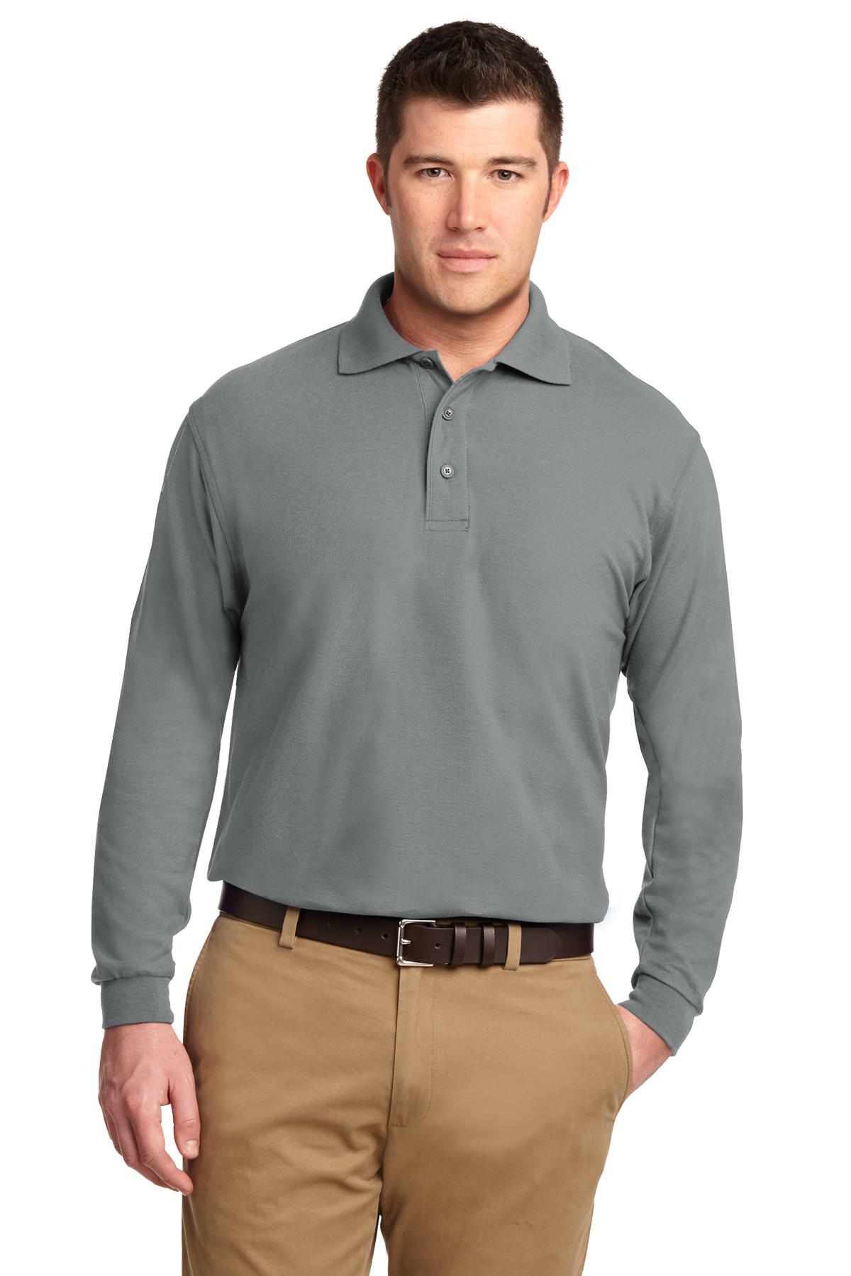 Front View of Cool Gray Port Authority Silk Touch Long Sleeve Polo. K500LS