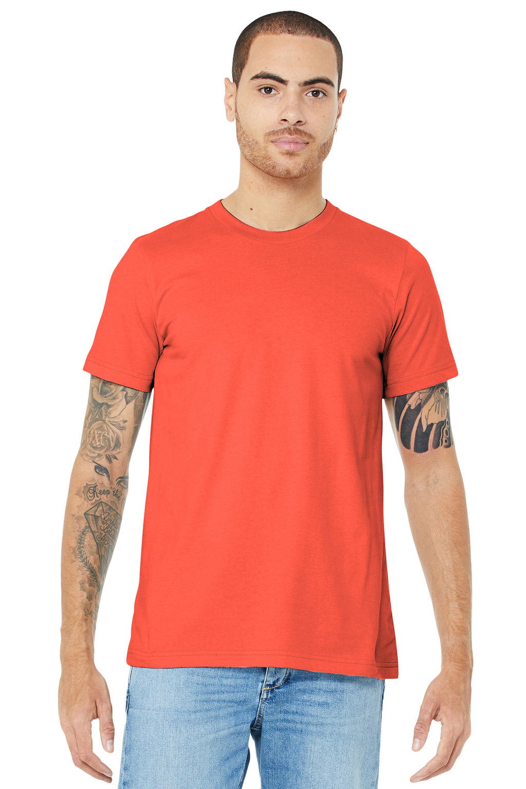 Front View of Coral BELLA+CANVAS Unisex Jersey Short Sleeve Tee. BC3001