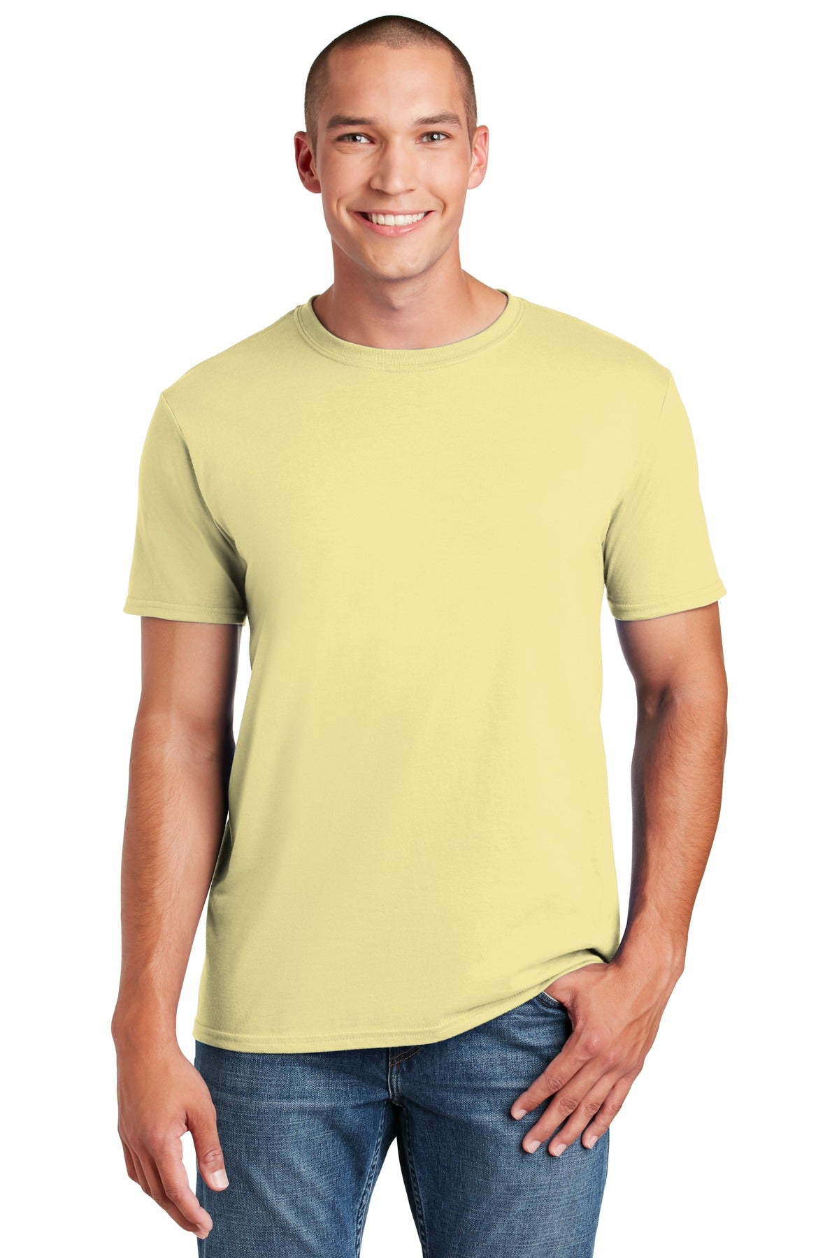 Front View of Corn Silk Gildan Softstyle T-Shirt. 64000
