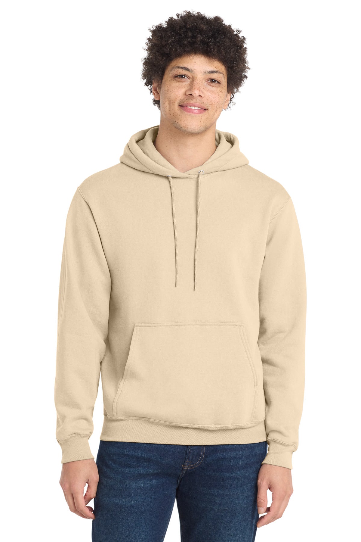 Front View of Creme Port & Co Core Fleece Pullover Hooded Sweatshirt. PC78H