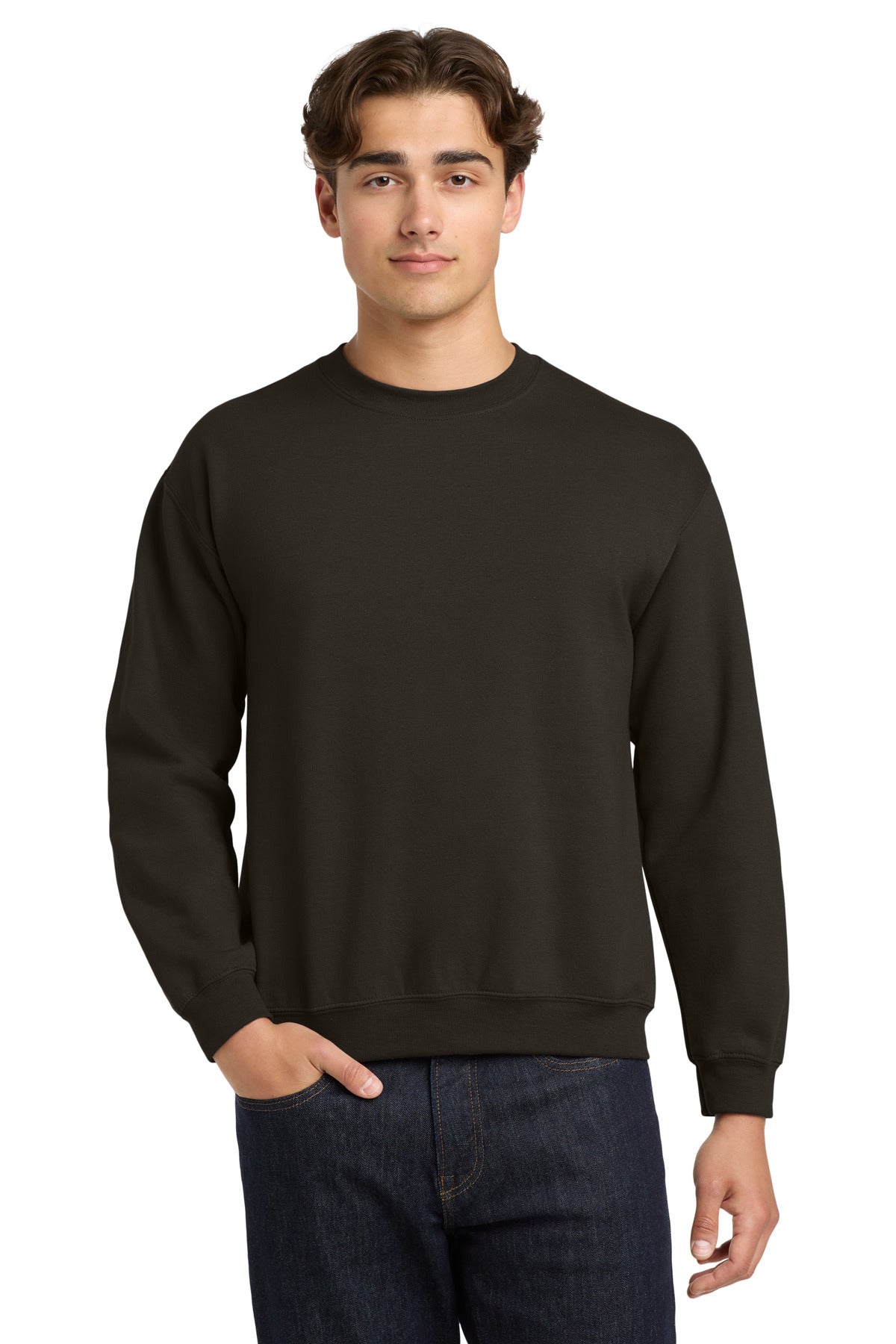 Front View of Dark Chocolate Gildan Heavy Blend Crewneck Sweatshirt. 18000