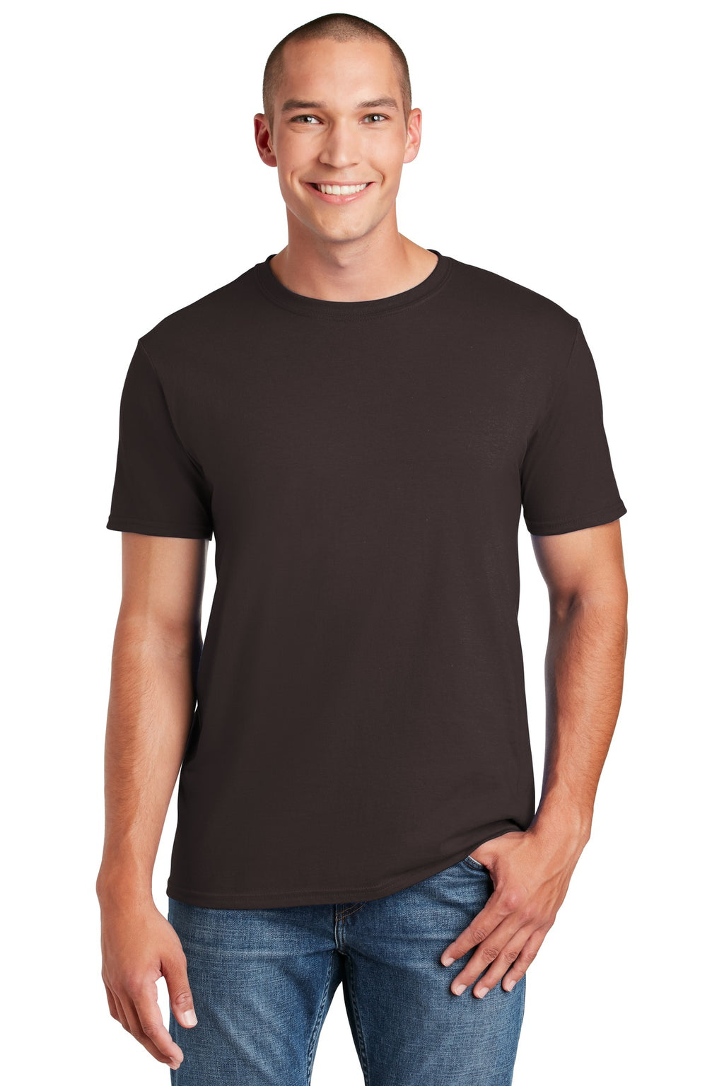Front View of Dark Chocolate Gildan Softstyle T-Shirt. 64000