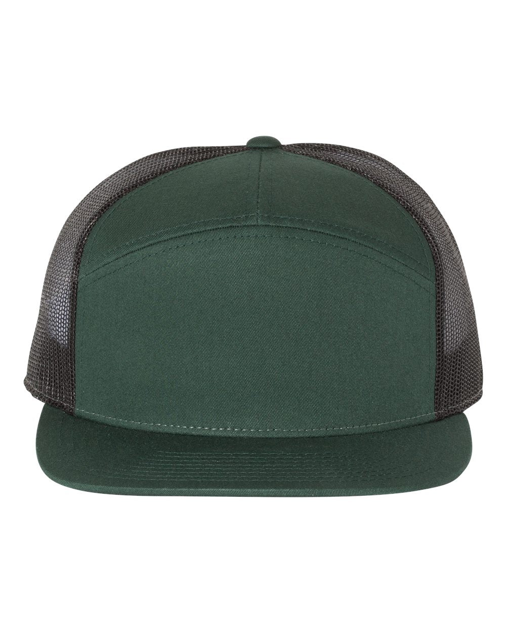 Front View of Dark Green/ Black Seven-Panel Trucker Cap - 168