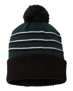 Front View of Dark Green/ Black/ White Pom Cuffed Beanie - 134
