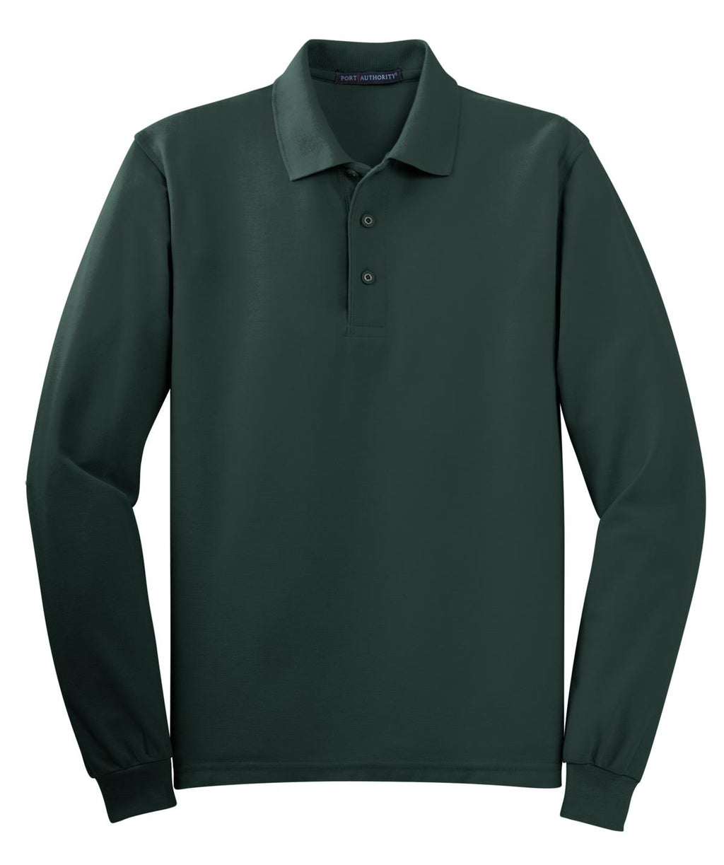 Front View of Dark Green Port Authority Silk Touch Long Sleeve Polo. K500LS