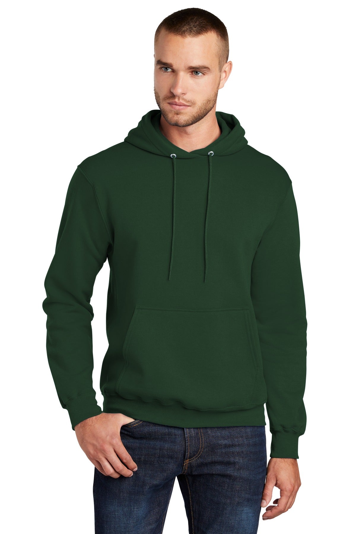 Front View of Dark Green Port & Co Core Fleece Pullover Hooded Sweatshirt. PC78H