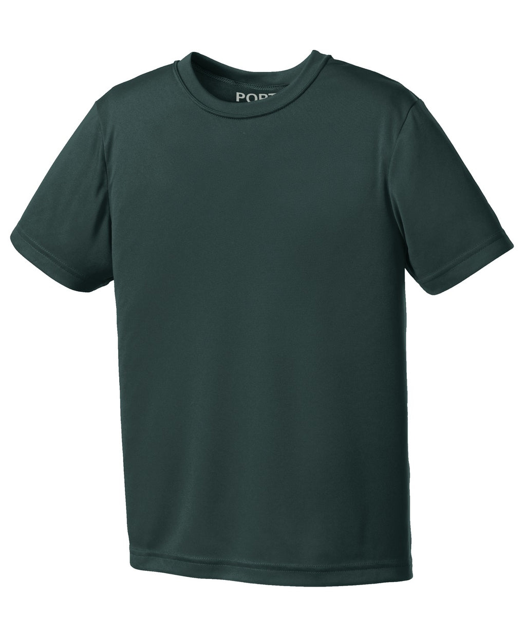 Front View of Dark Green Port & Co Youth Performance Tee. PC380Y