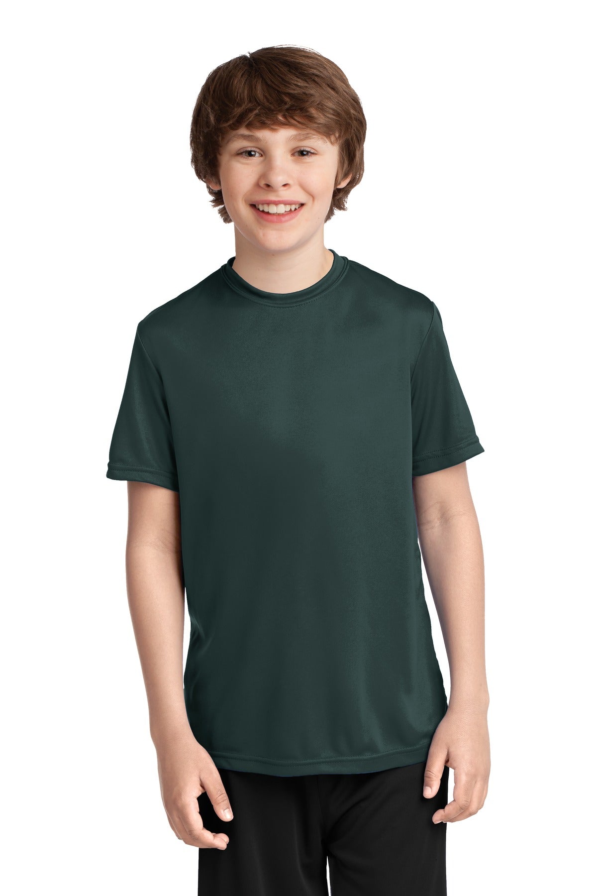 Front View of Dark Green Port & Co Youth Performance Tee. PC380Y