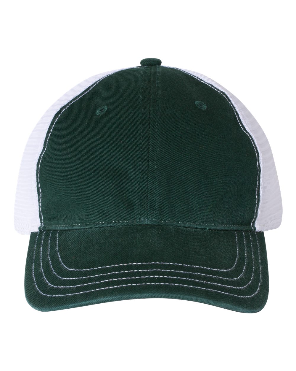 Front View of Dark Green/ White Garment-Washed Trucker Cap - 111