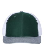 Front View of Dark Green/ White/ Heather Grey Snapback Trucker Cap - 112
