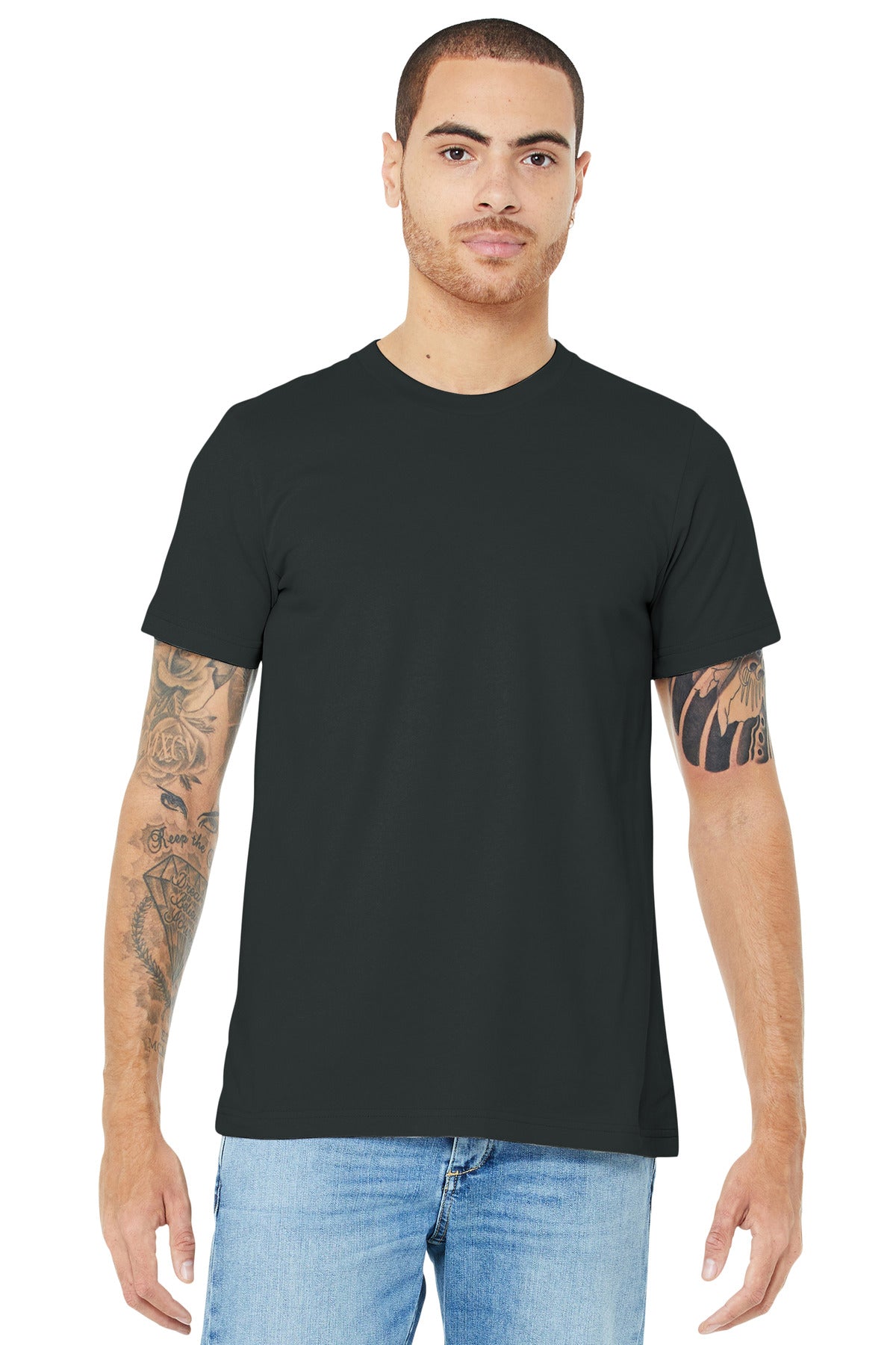 Front View of Dark Grey BELLA+CANVAS Unisex Jersey Short Sleeve Tee. BC3001
