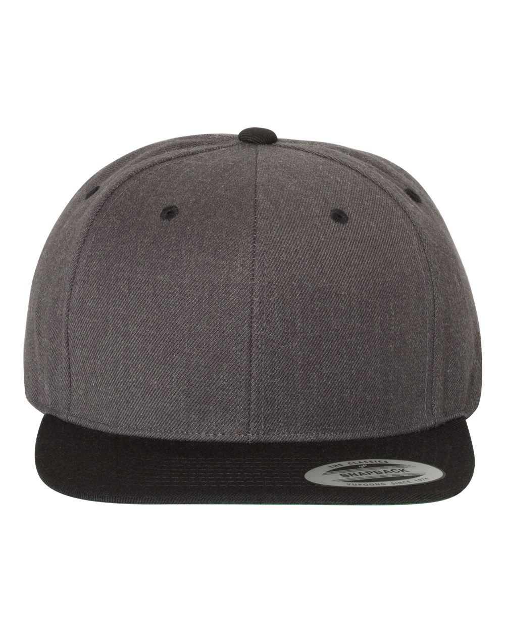 Front View of Dark Heather/ Black Premium Flat Bill Snapback Cap - 6089M