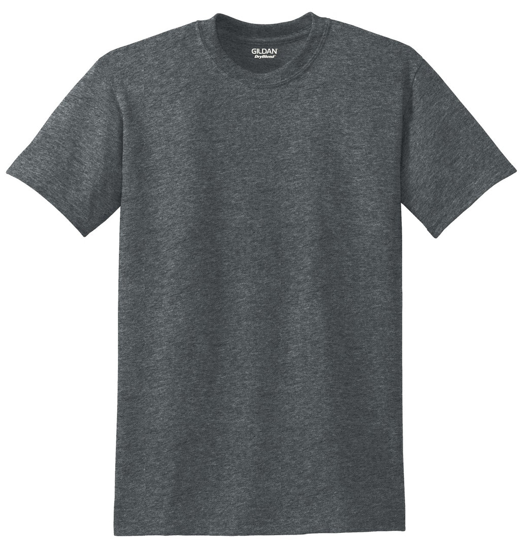 Front View of Dark Heather Gildan DryBlend 50 Cotton/50 Poly T-Shirt. 8000