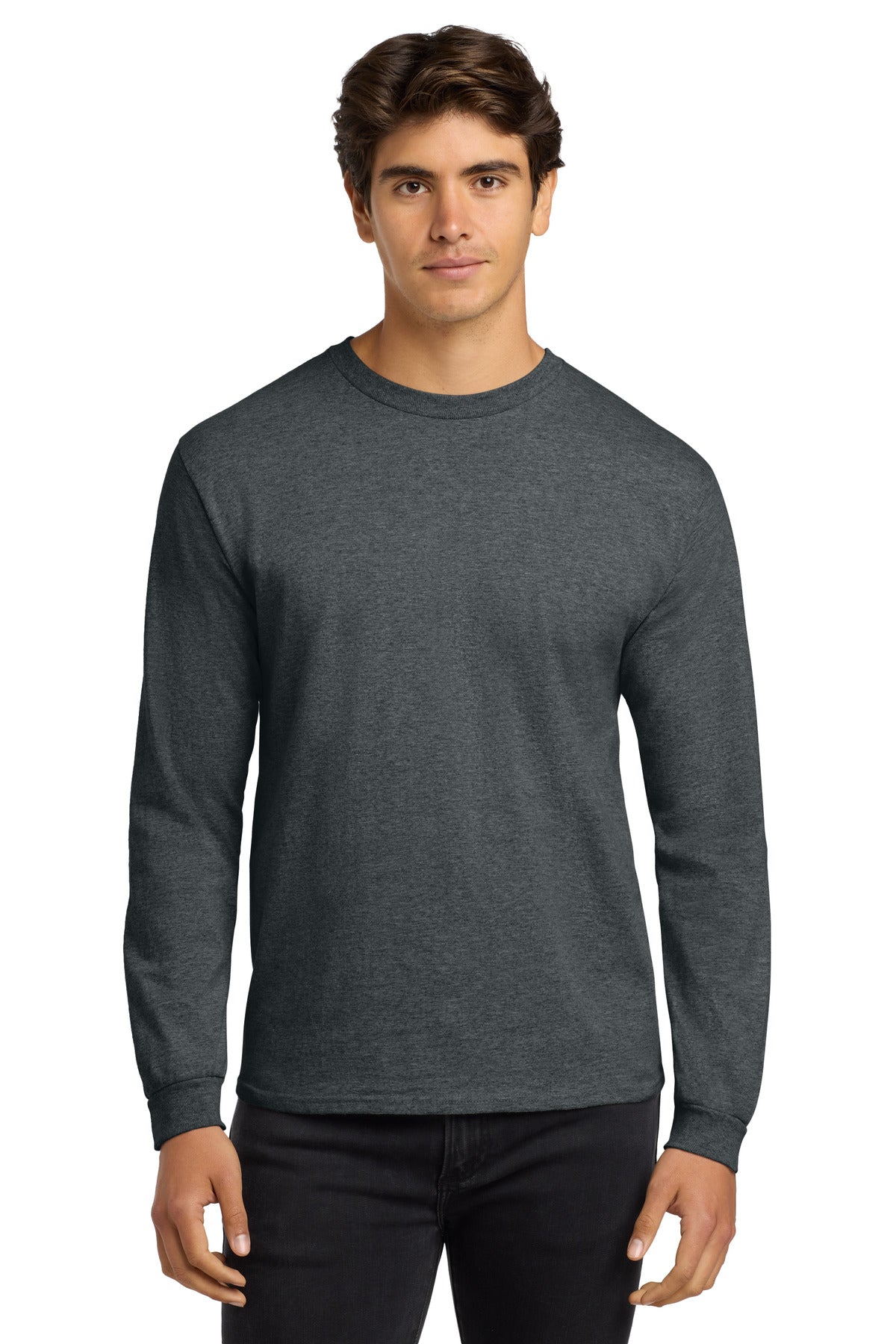 Front View of Dark Heather Gildan - Ultra Cotton 100% US Cotton Long Sleeve T-Shirt. G2400