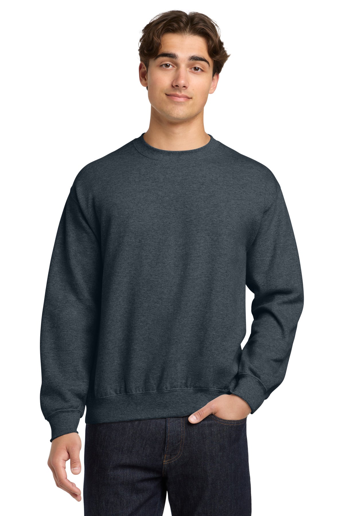 Front View of DarkHthr Gildan Heavy Blend Crewneck Sweatshirt. 18000