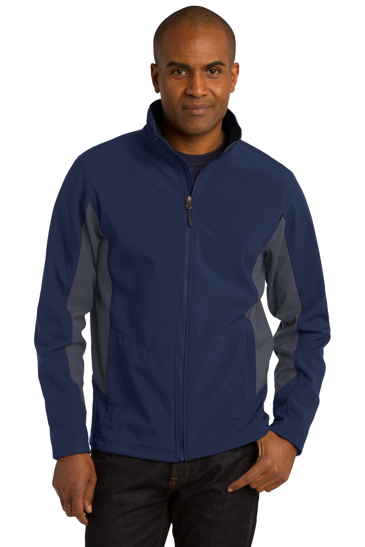 Front View of DB Nvy/Bat Gry Port Authority Core Colorblock Soft Shell Jacket. J318