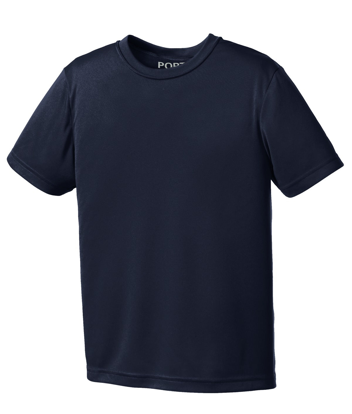 Front View of Deep Navy Port & Co Youth Performance Tee. PC380Y