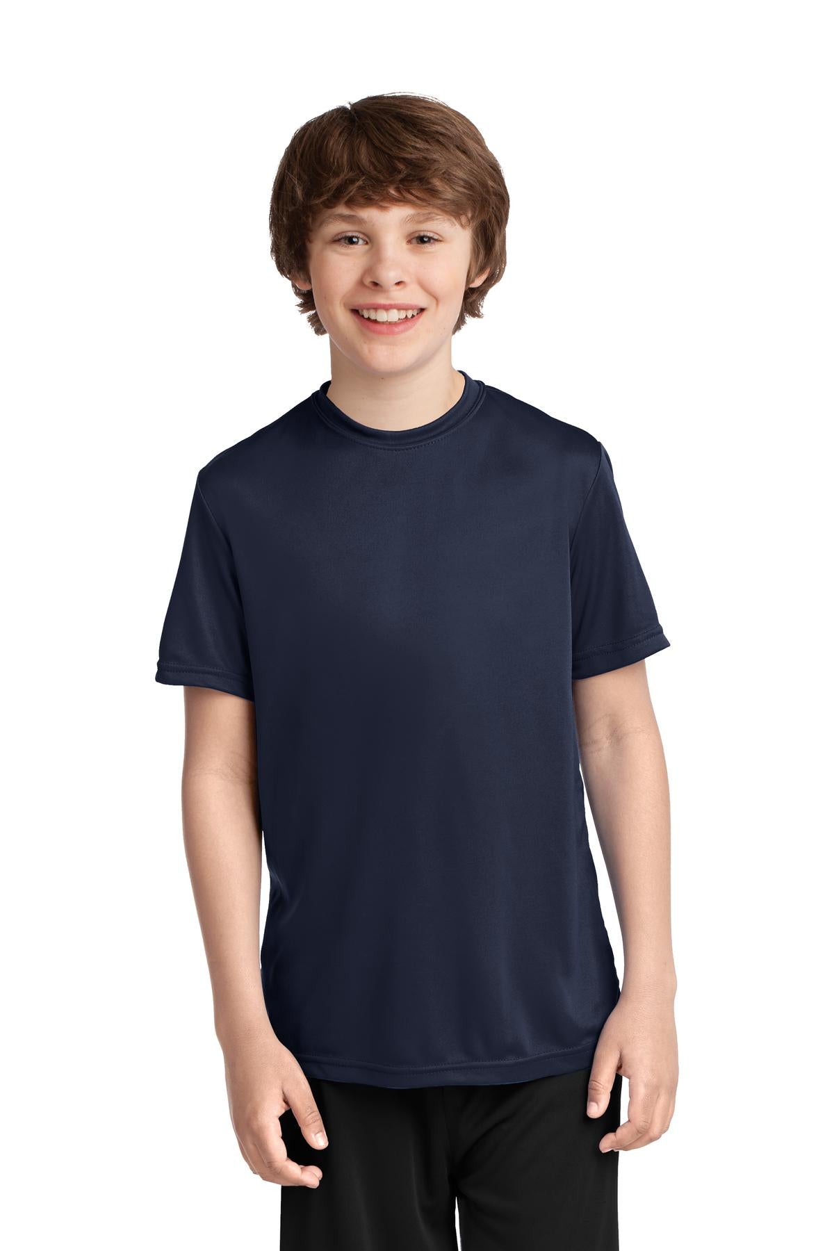 Front View of Deep Navy Port & Co Youth Performance Tee. PC380Y