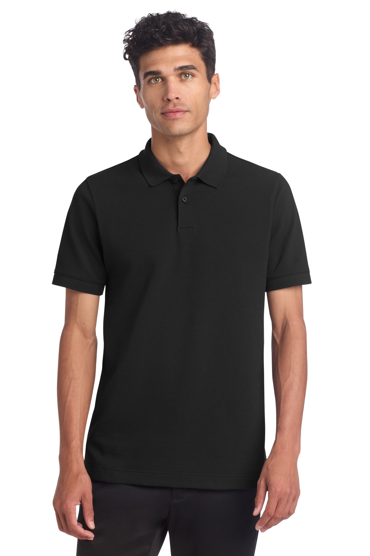 Front View of DeepBlack Mercer+Mettle Stretch Heavyweight Pique Polo MM1000