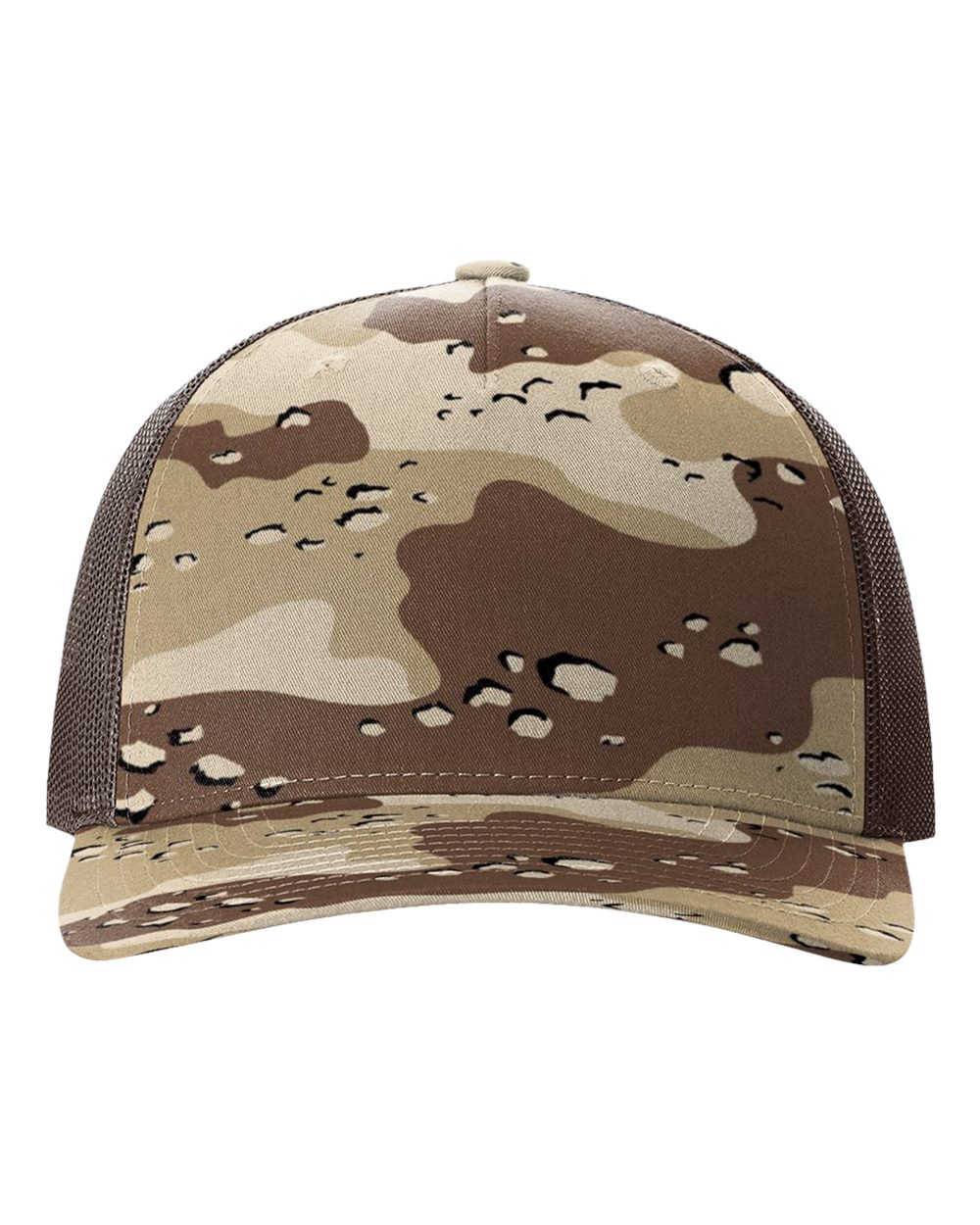 Front View of Desert Camo/ Brown Five-Panel Printed Trucker Cap - 112PFP