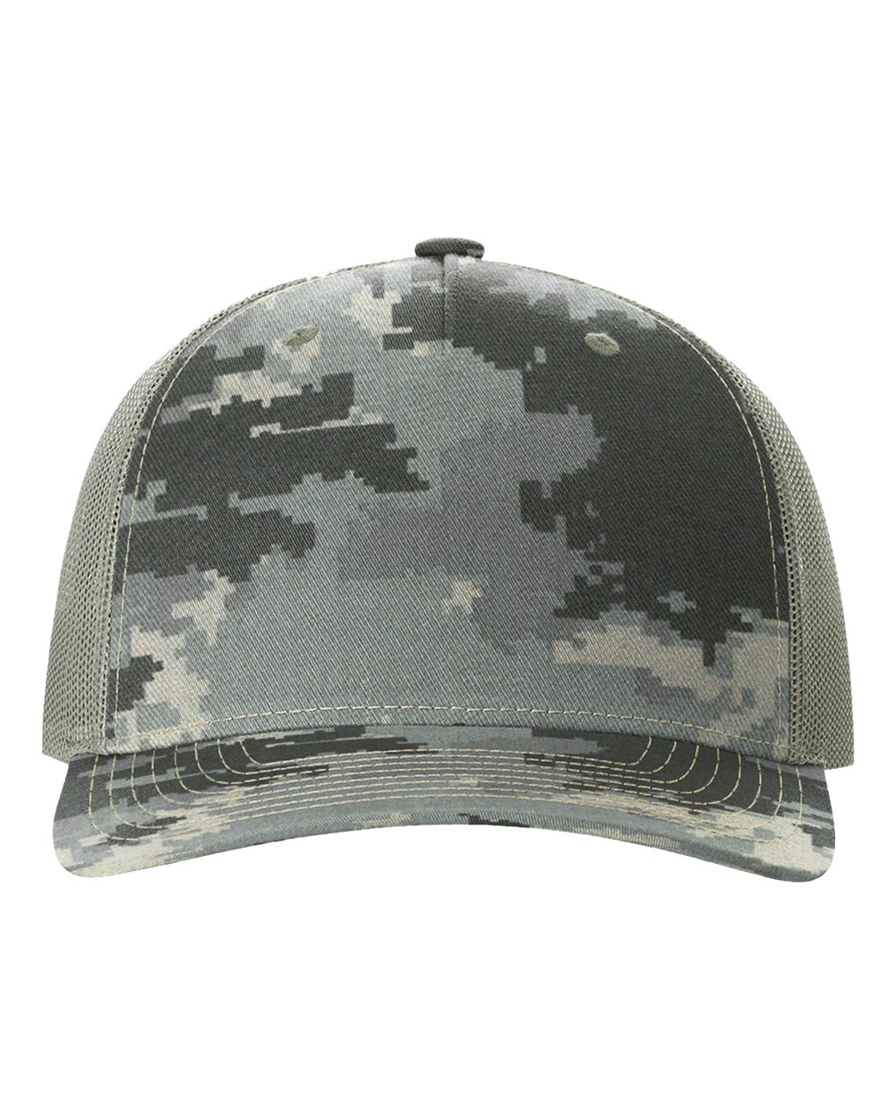 Front View of Digital Camo/ Light Green Five-Panel Printed Trucker Cap - 112PFP
