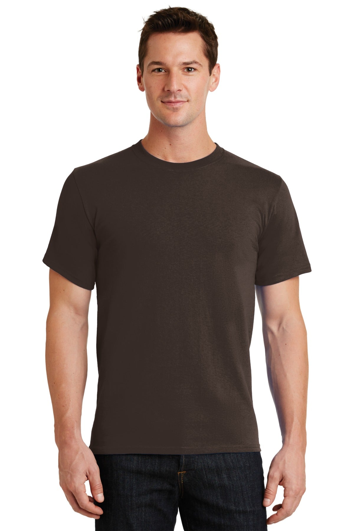 Front View of Dk Choc. Brown Port & Co Essential Tee. PC61
