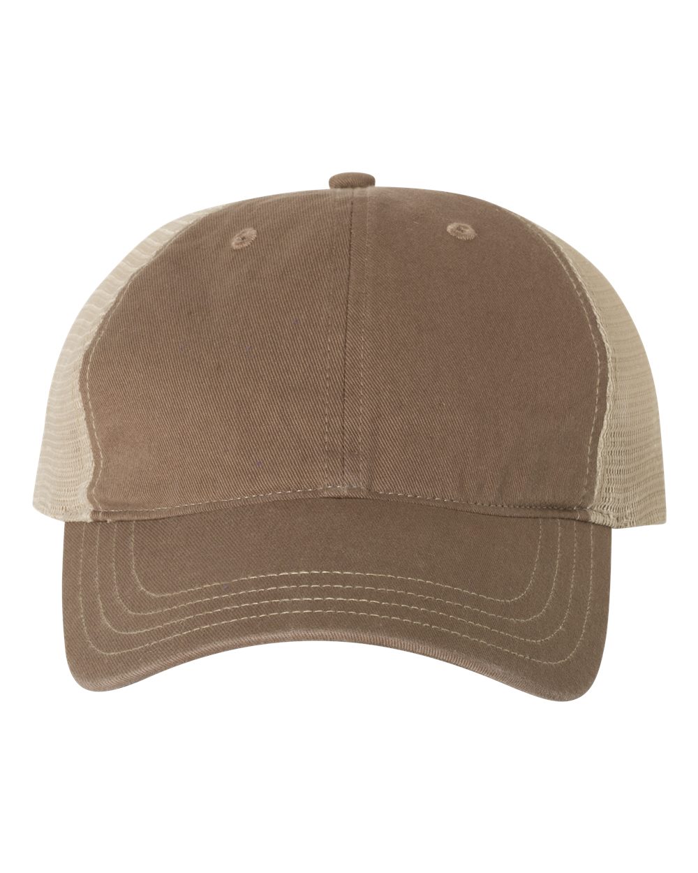 Front View of Driftwood/ Khaki Garment-Washed Trucker Cap - 111