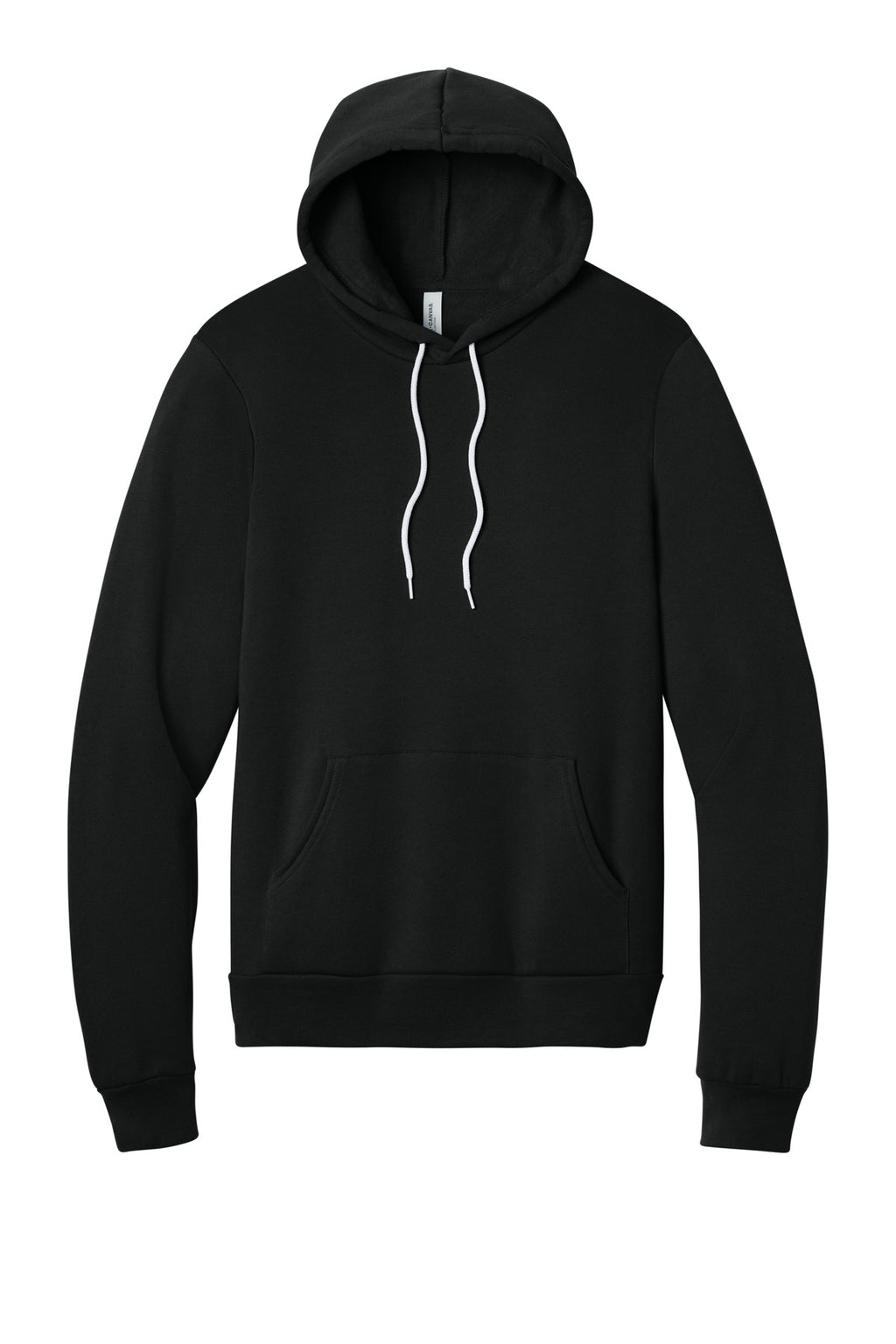 Front View of DTG Black BELLA+CANVAS Unisex Sponge Fleece Pullover Hoodie. BC3719