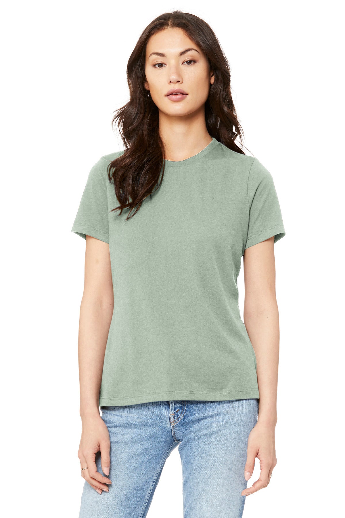 Front View of DustyBlue BELLA+CANVAS Women's Relaxed Jersey Short Sleeve Tee. BC6400