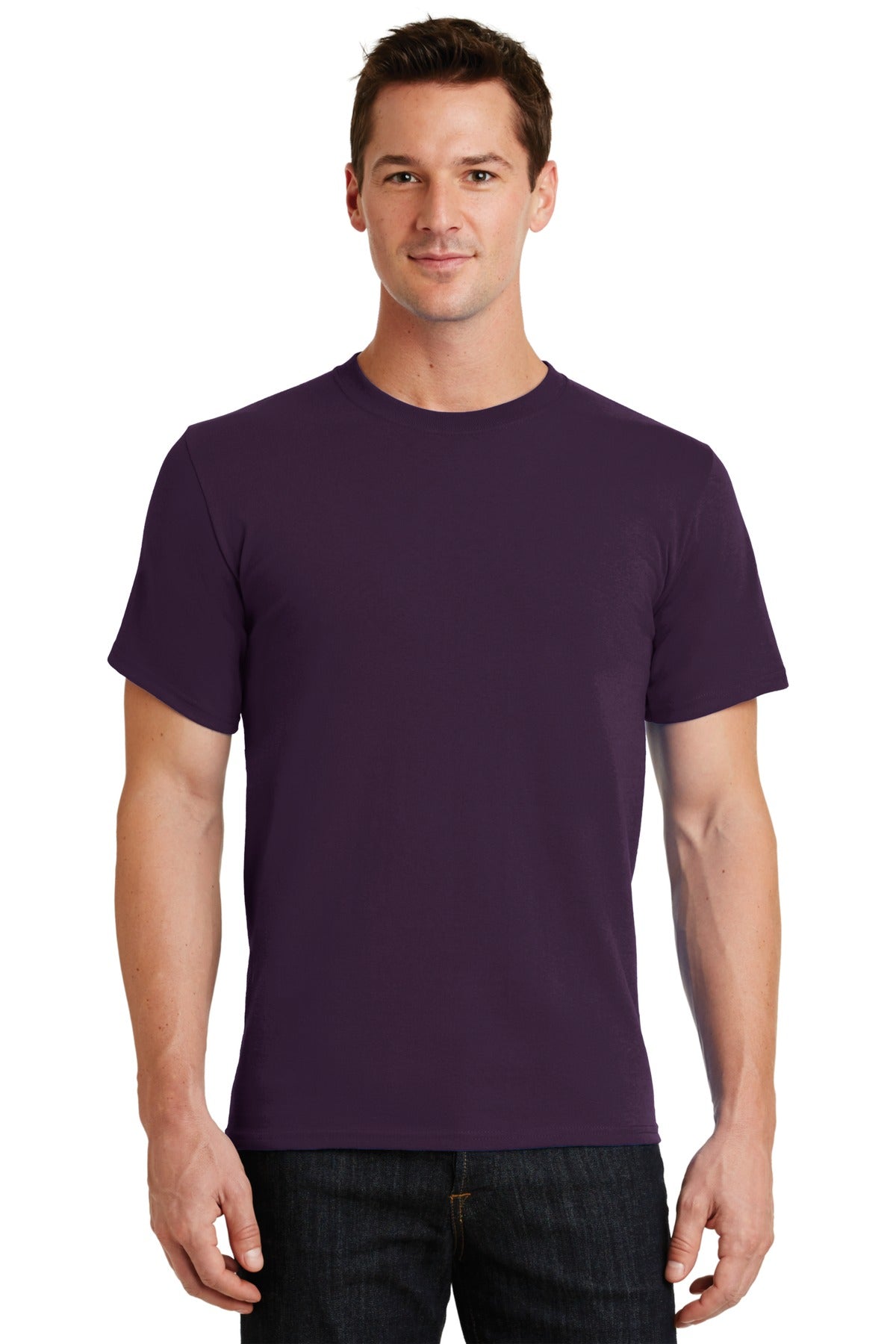 Front View of Eggplant Port & Co Essential Tee. PC61
