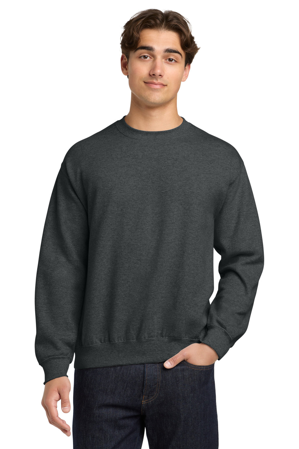 Front View of FanCharHtr Gildan Heavy Blend Crewneck Sweatshirt. 18000