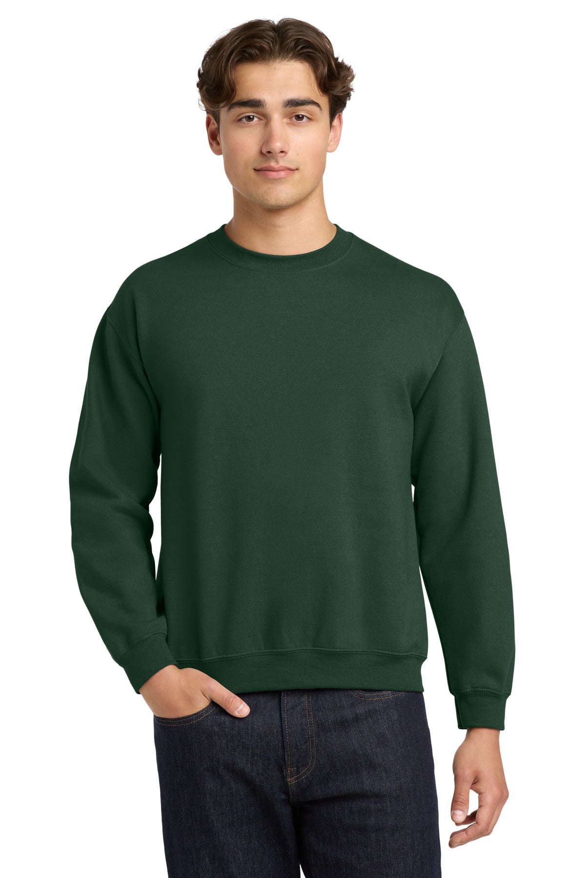 Front View of FanDkGreen Gildan Heavy Blend Crewneck Sweatshirt. 18000
