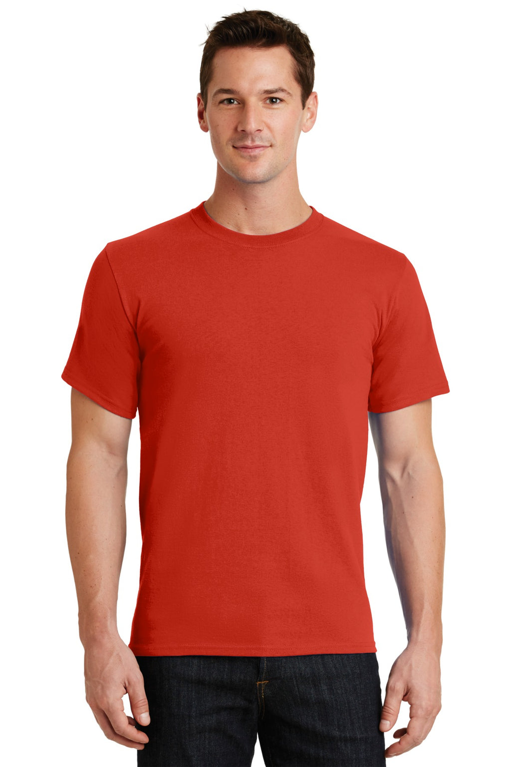 Front View of Fiery Red Port & Co Essential Tee. PC61