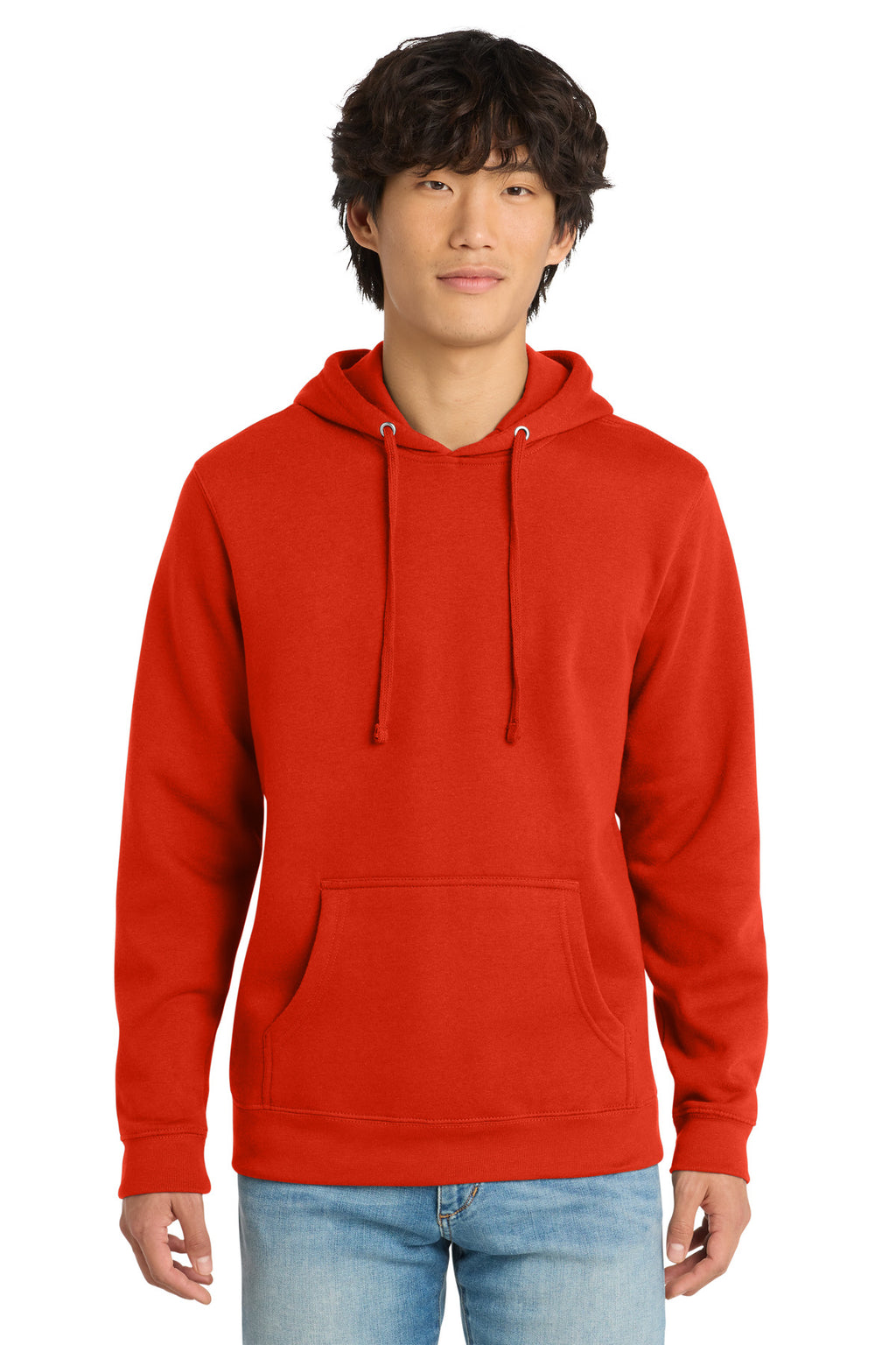 Front View of FieryRed District V.I.T. Fleece Hoodie DT6100