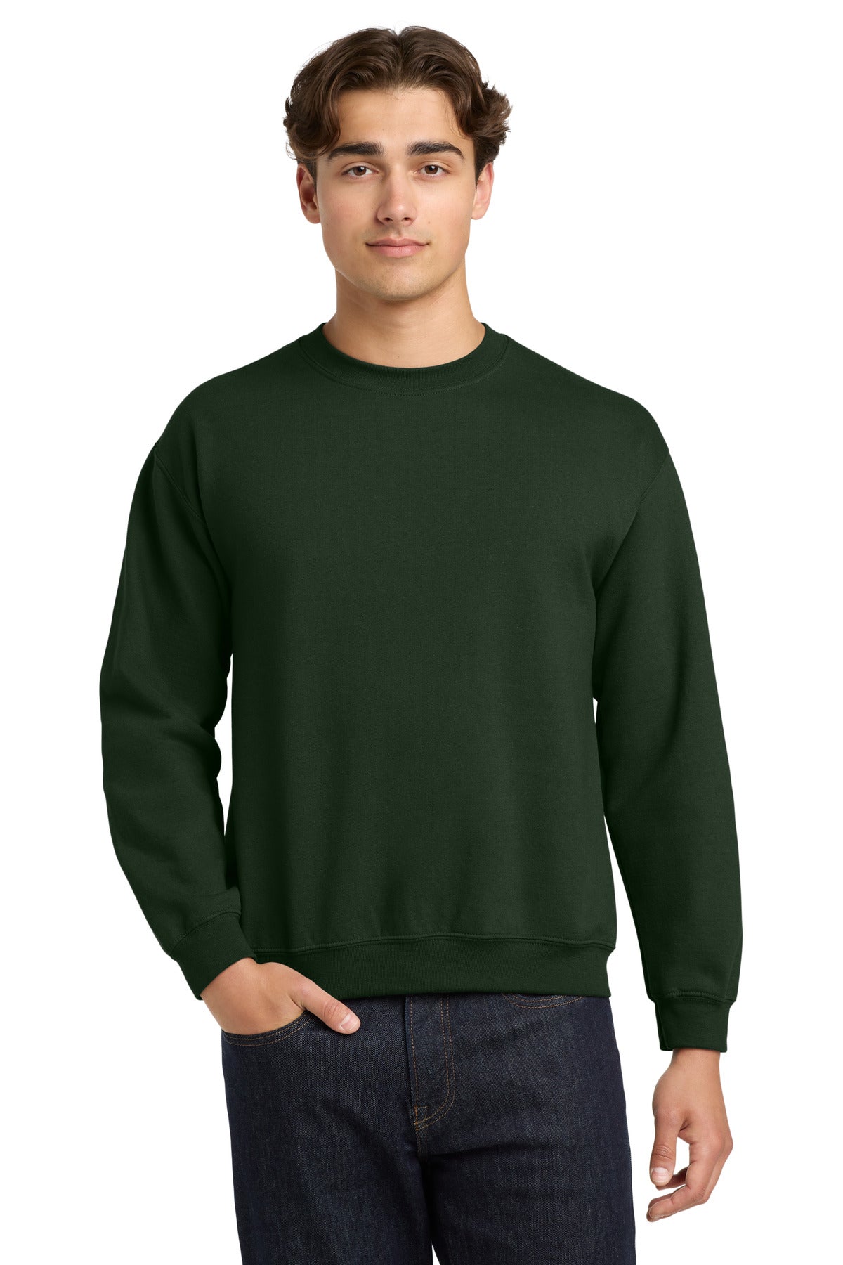 Front View of Forest Gildan Heavy Blend Crewneck Sweatshirt. 18000