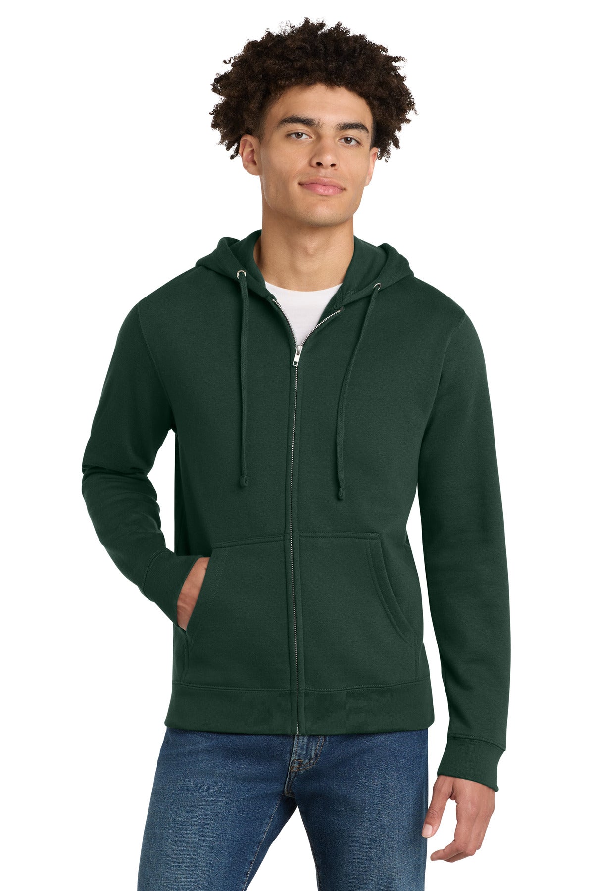 Front View of Forest Green District V.I.T. Fleece Full-Zip Hoodie DT6102