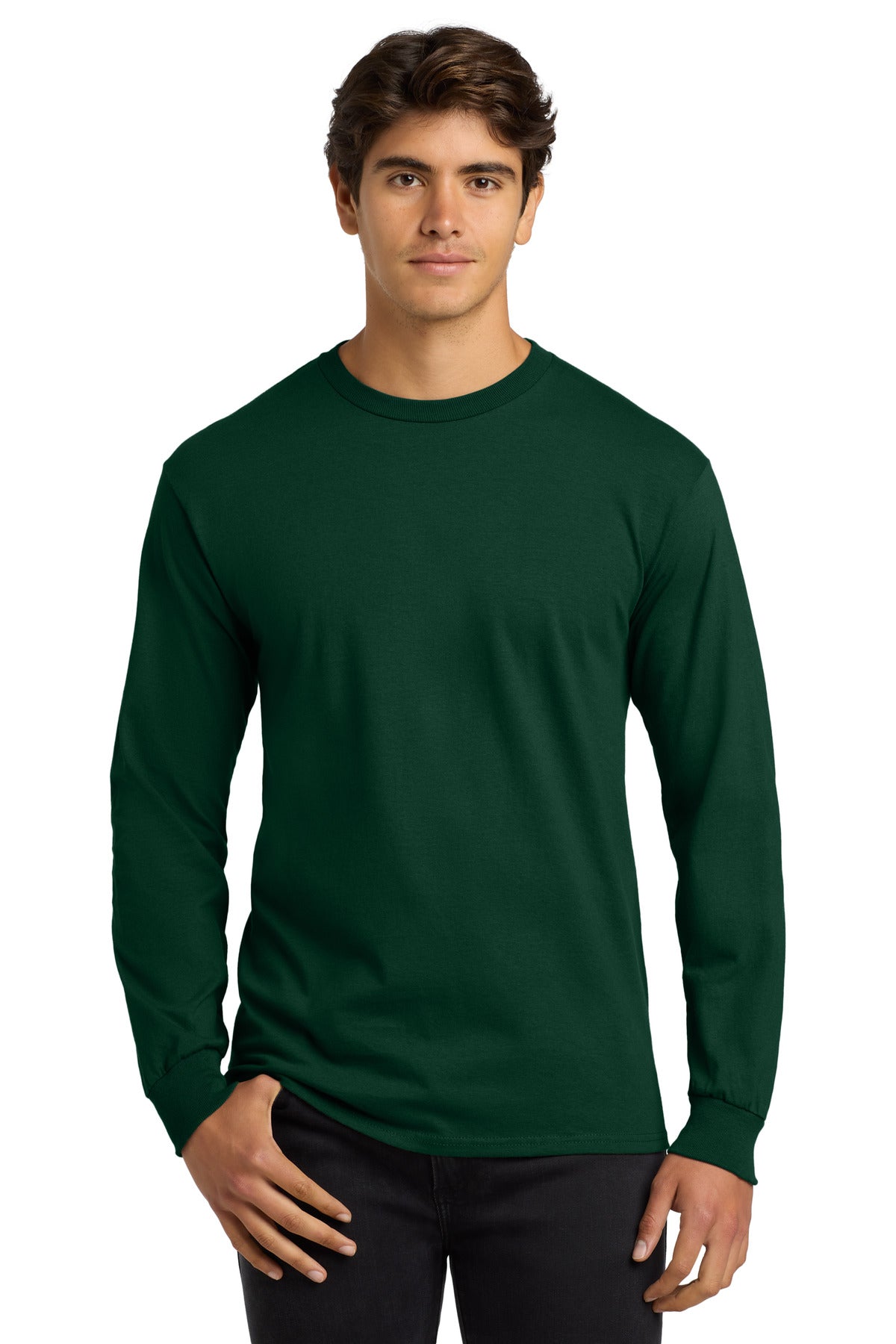 Front View of Forest Green Gildan - Ultra Cotton 100% US Cotton Long Sleeve T-Shirt. G2400