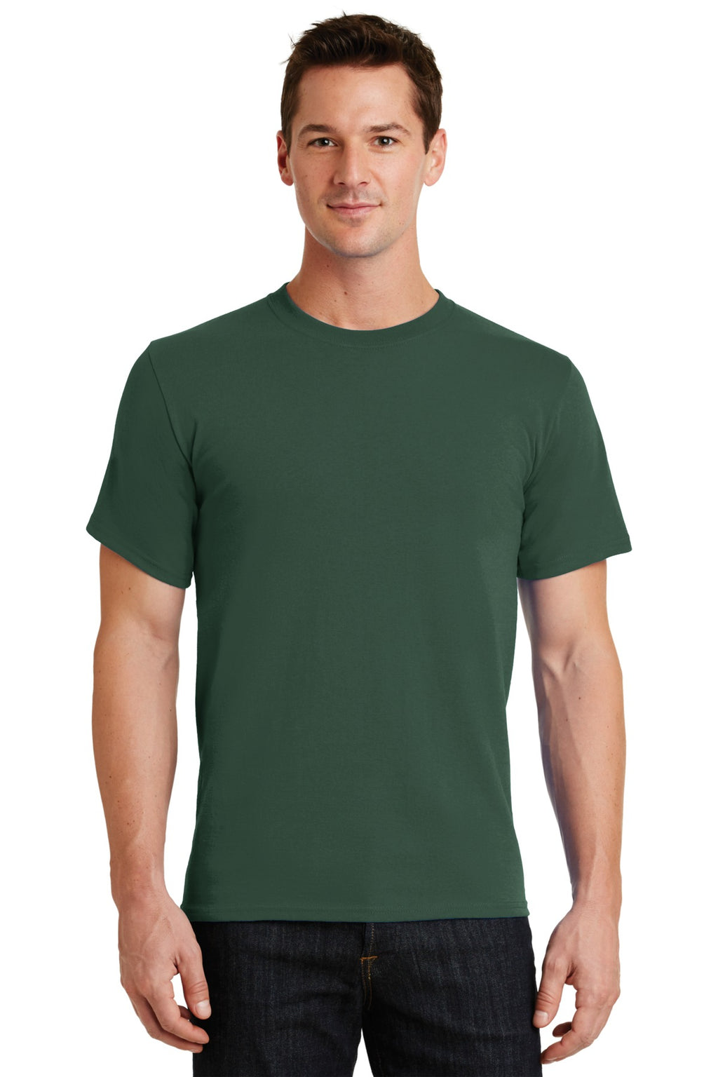 Front View of Forest Green Port & Co Essential Tee. PC61