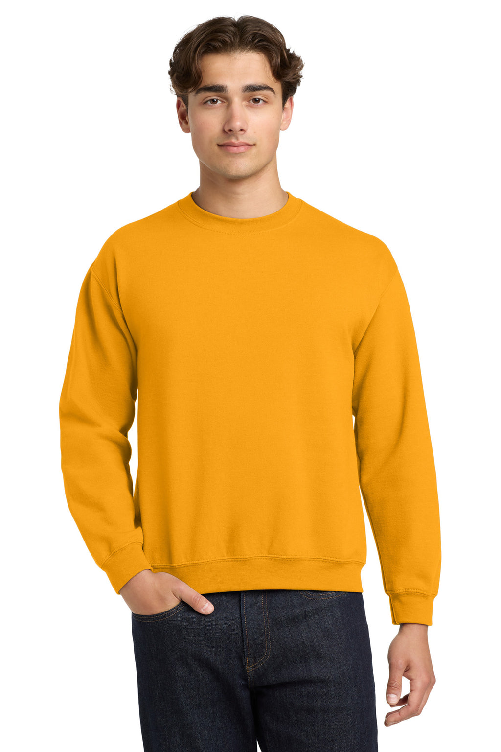 Front View of Gold Gildan Heavy Blend Crewneck Sweatshirt. 18000