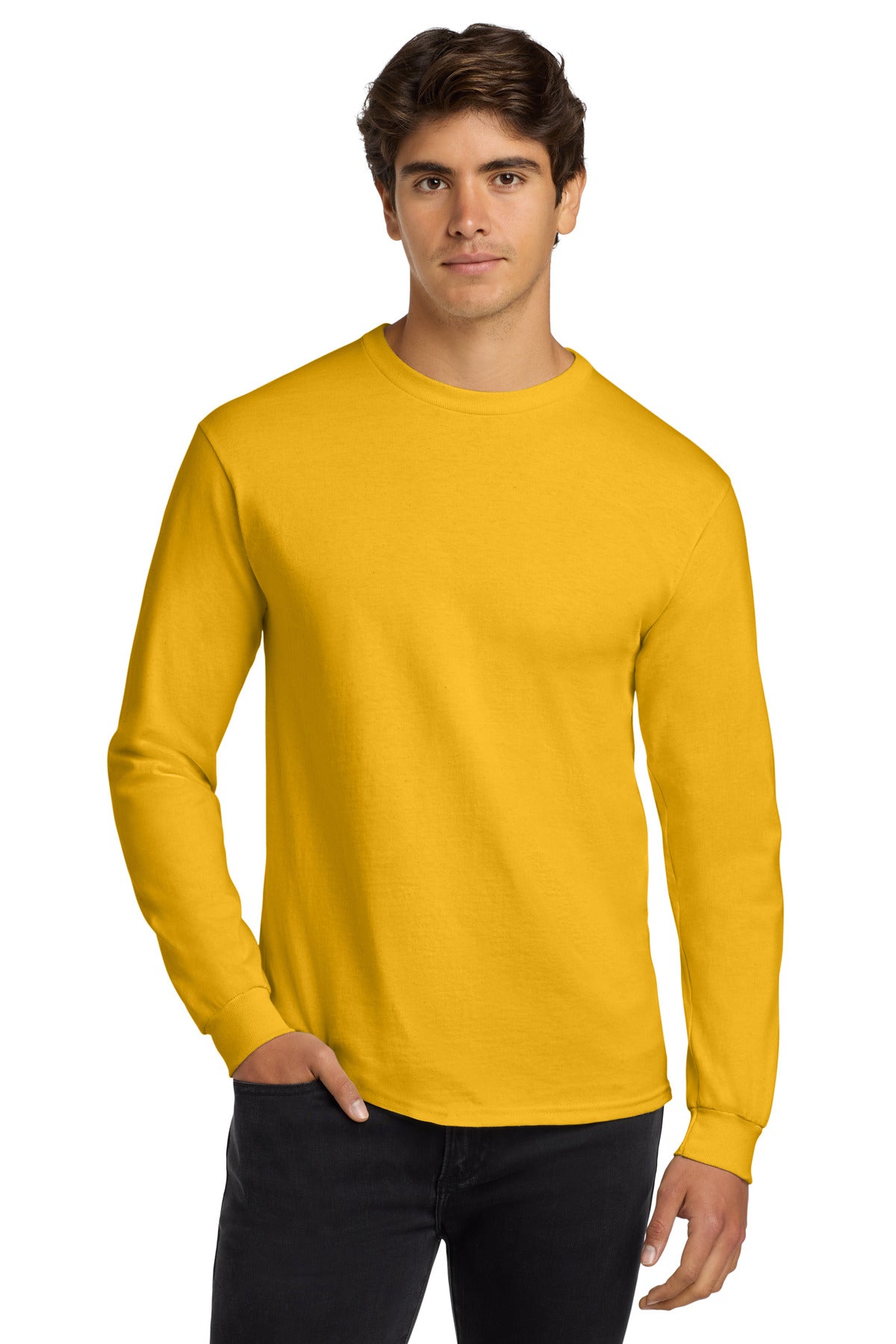 Front View of Gold Gildan - Ultra Cotton 100% US Cotton Long Sleeve T-Shirt. G2400
