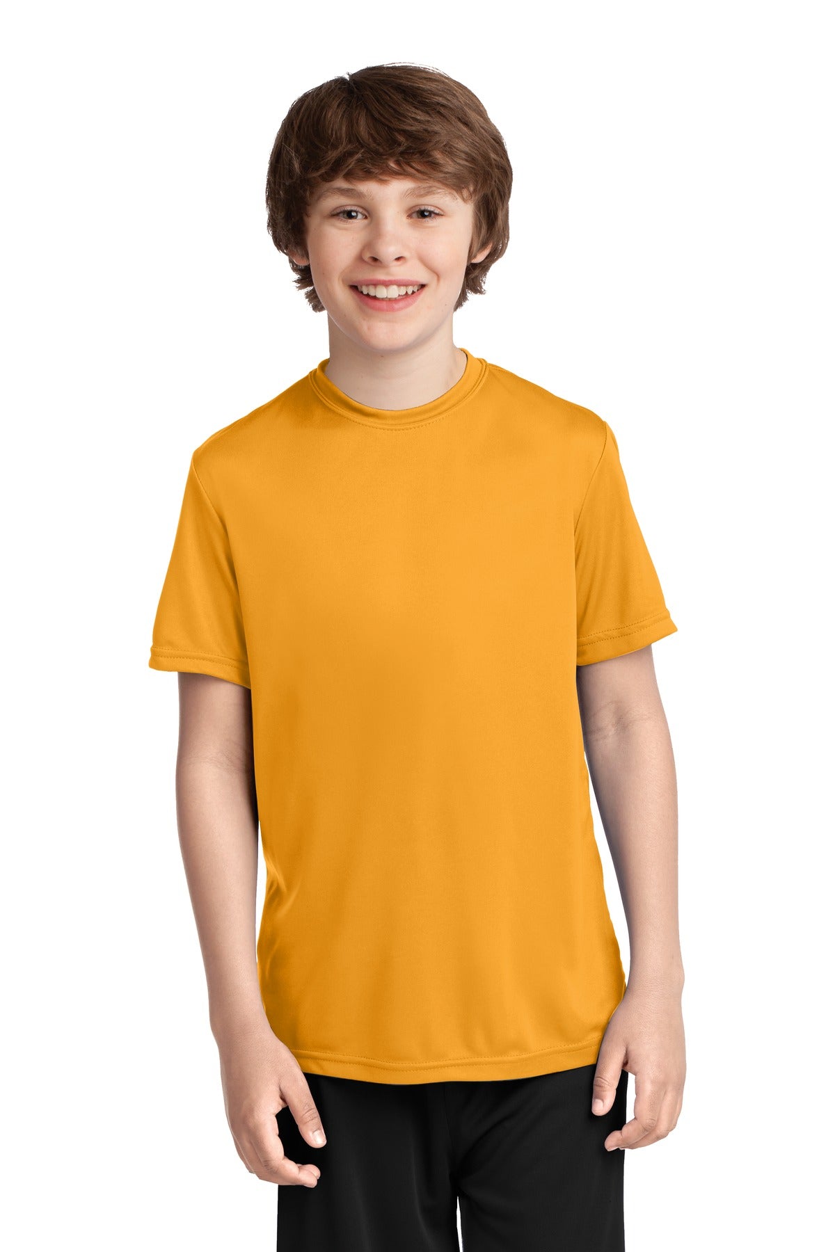 Front View of Gold Port & Co Youth Performance Tee. PC380Y