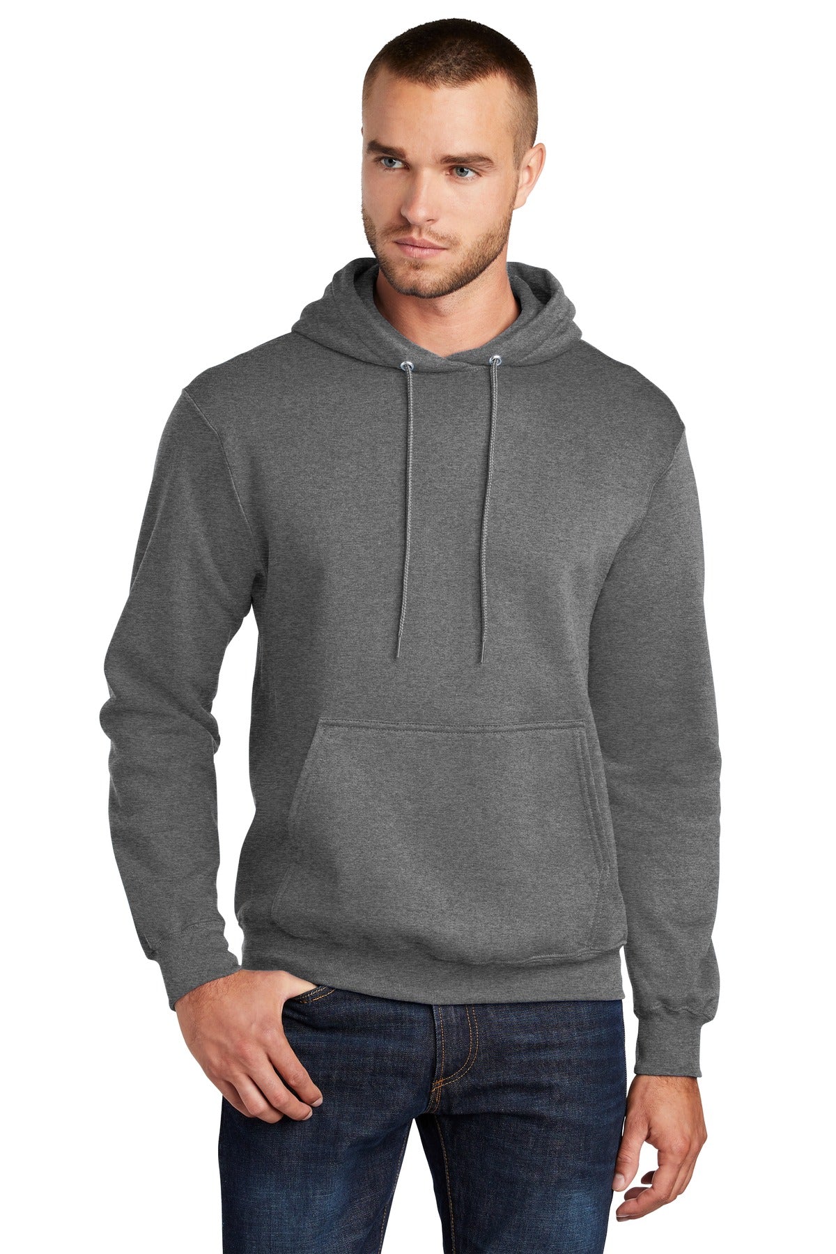 Front View of Graphite Hthr Port & Co Core Fleece Pullover Hooded Sweatshirt. PC78H