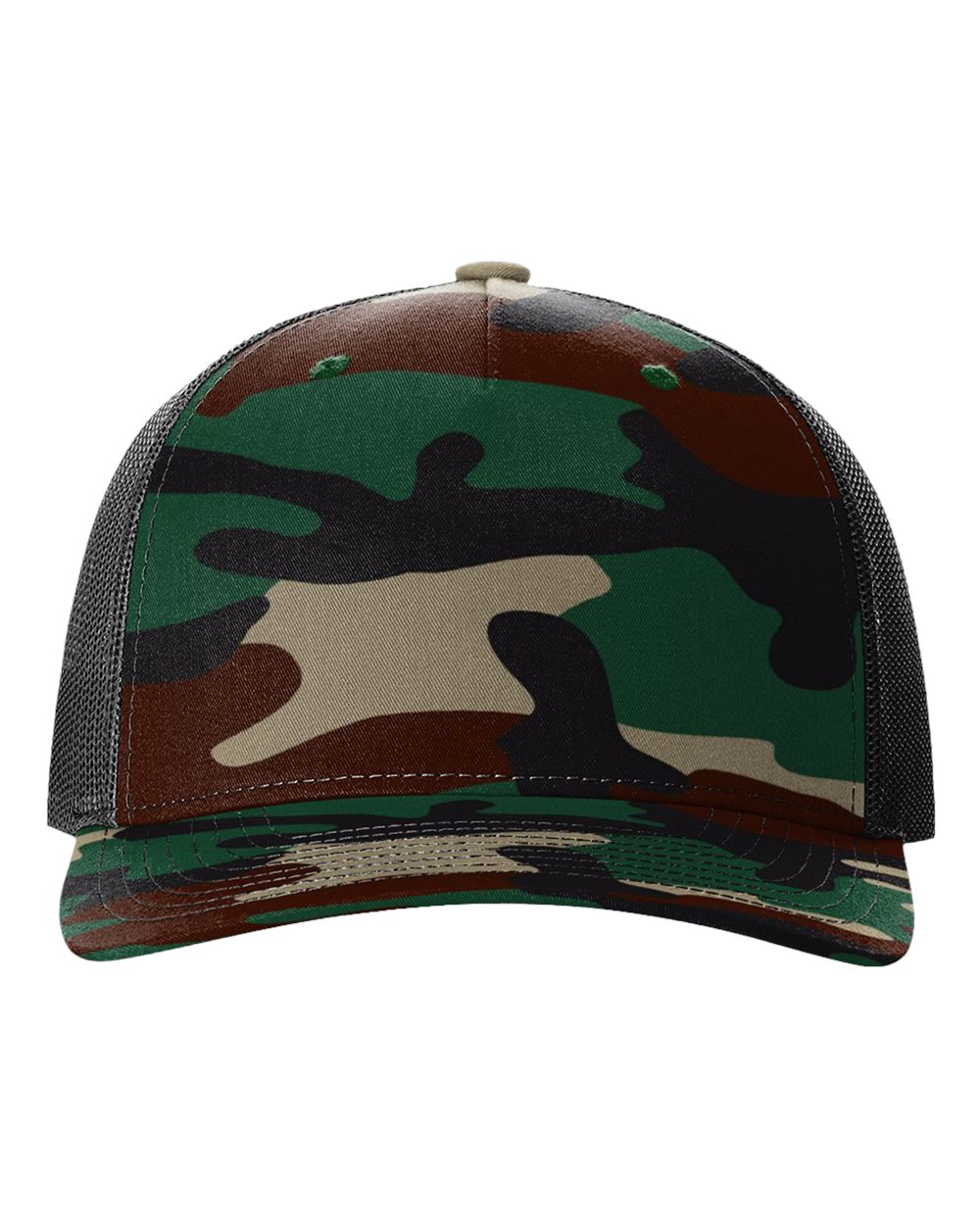 Front View of Green Camo/ Black Five-Panel Printed Trucker Cap - 112PFP
