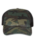 Front View of Green Camo/ Black Garment Washed Printed Trucker Cap - 111P