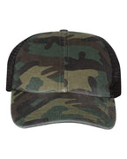 Front View of Green Camo/ Black Garment Washed Printed Trucker Cap - 111P