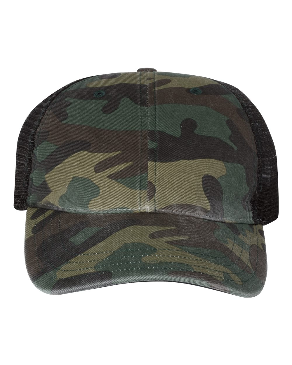 Front View of Green Camo/ Black Garment Washed Printed Trucker Cap - 111P
